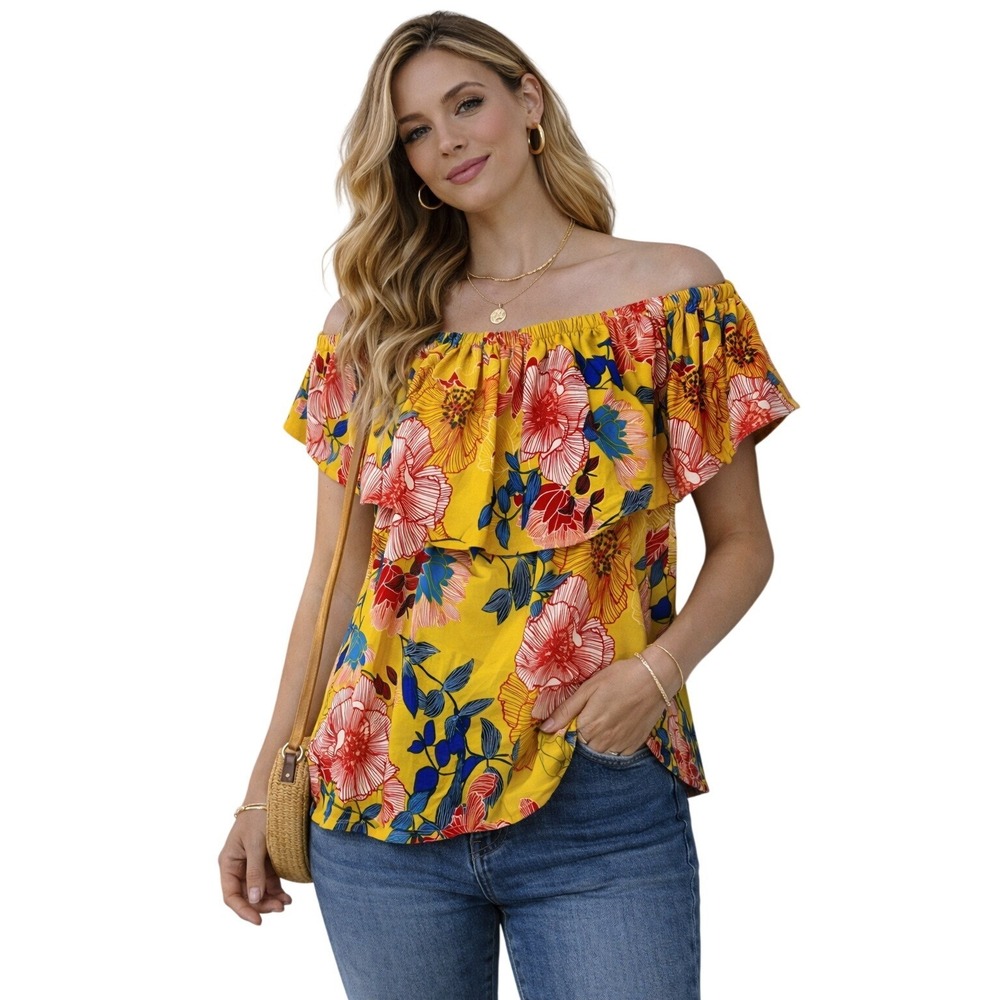 Lily White Off The Shoulder Blouse Womens XS Yellow Floral Ruffle‎ Top
